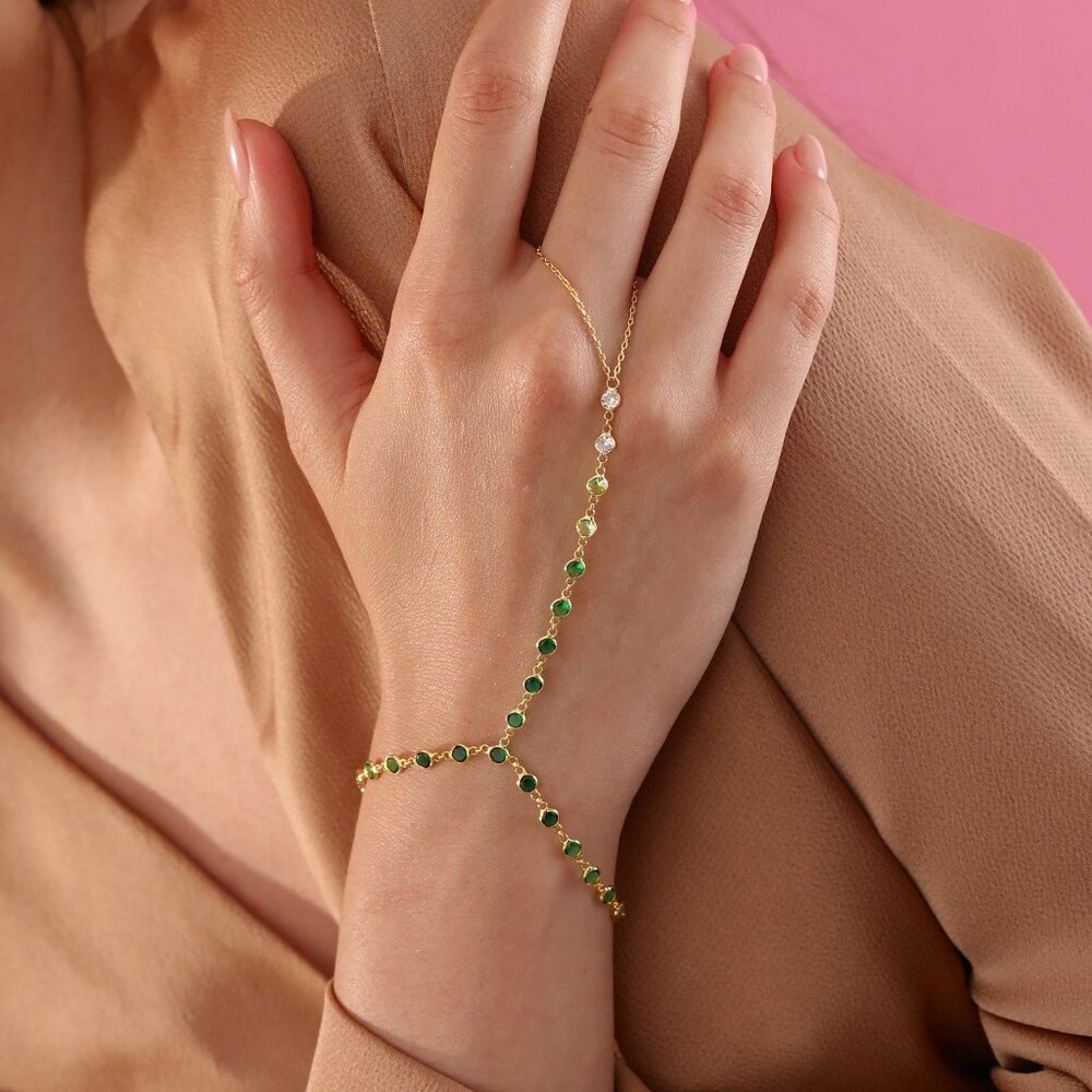 Silver Green Hand Chain, Slave Bracelet, Shahmaran, Hand Chain Ring, 925K silver